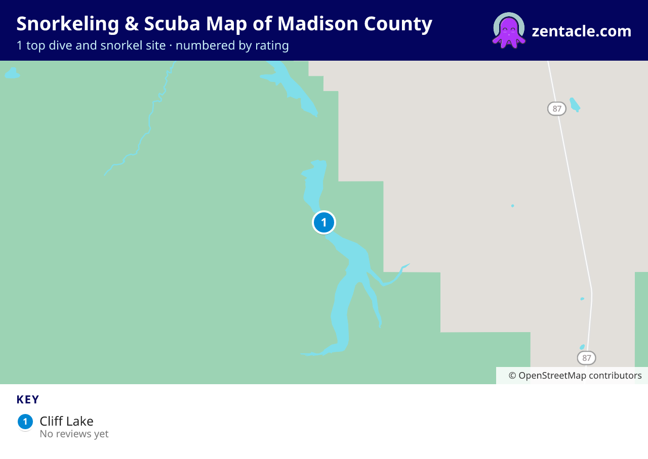 Snorkeling & Scuba Map of Madison County: numbered map of the top 1 dive and snorkel sites, with ratings