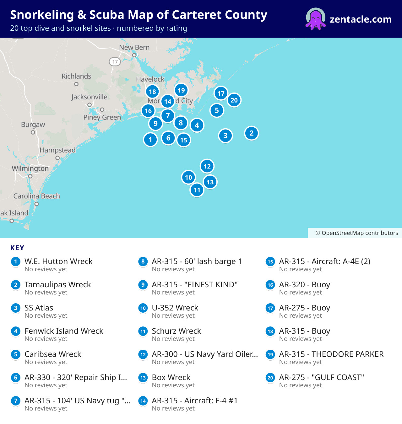 Snorkeling & Scuba Map of Carteret County: numbered map of the top 20 dive and snorkel sites, with ratings