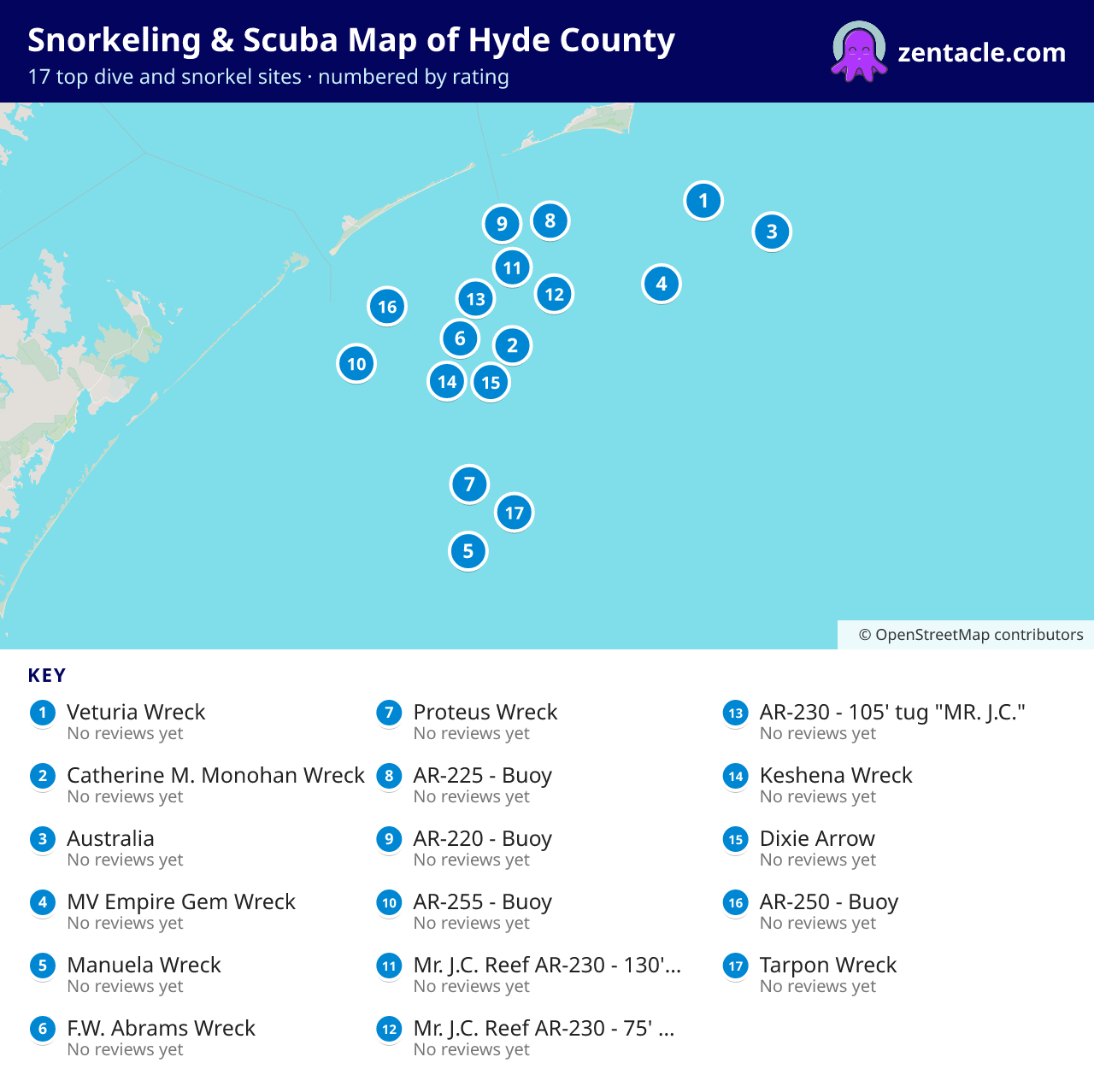 Snorkeling & Scuba Map of Hyde County: numbered map of the top 17 dive and snorkel sites, with ratings