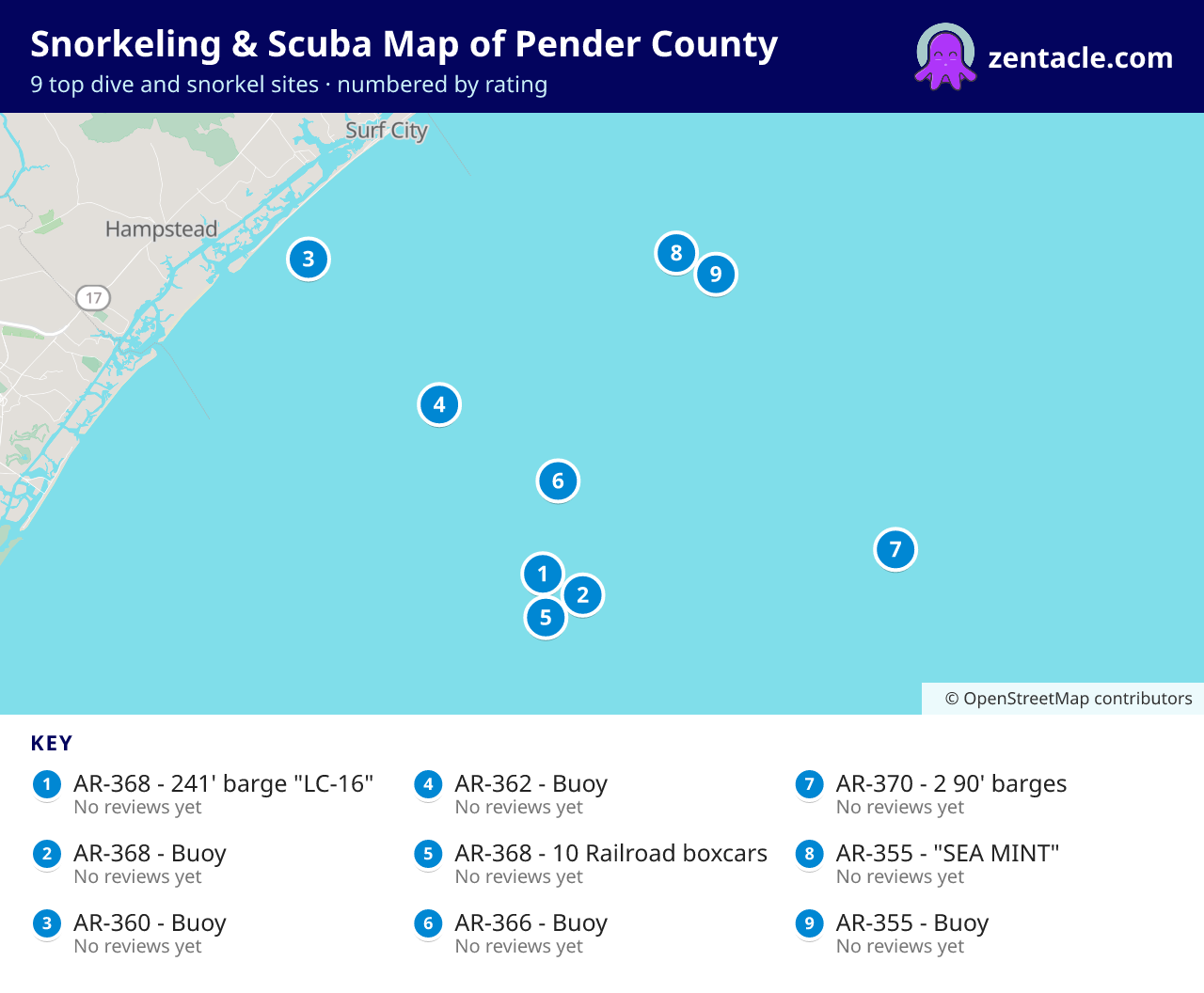 Snorkeling & Scuba Map of Pender County: numbered map of the top 9 dive and snorkel sites, with ratings