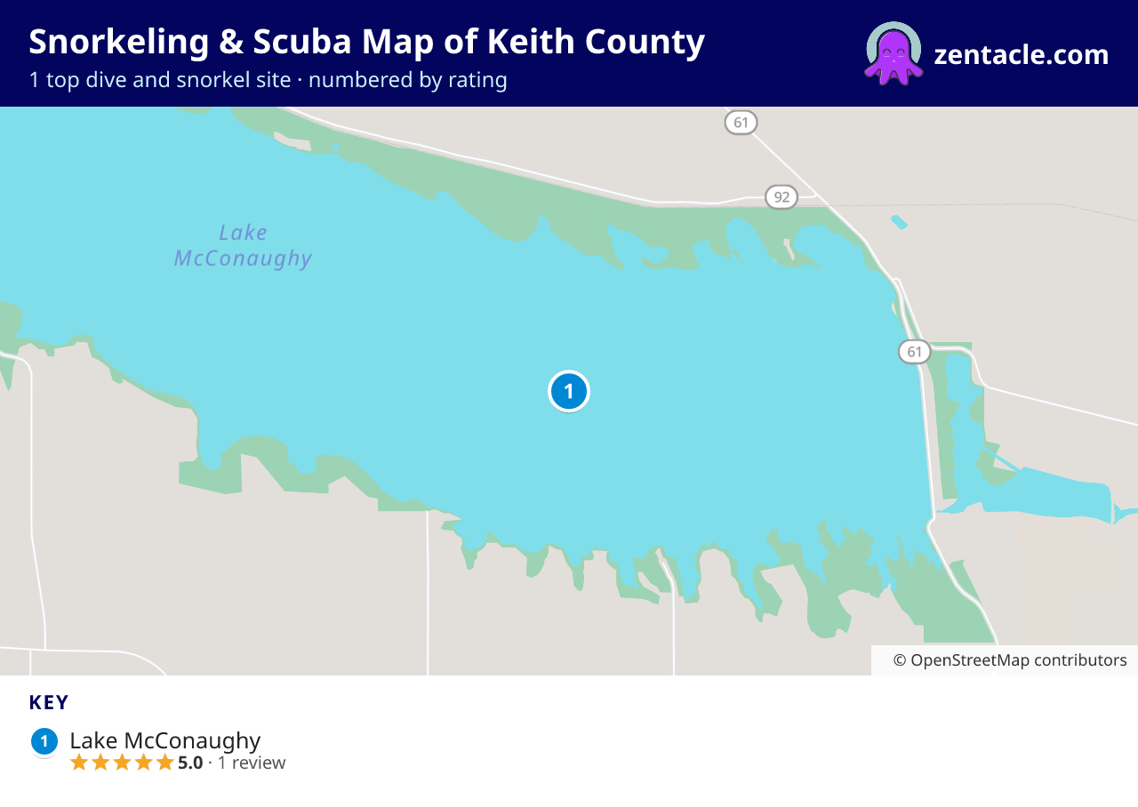 Snorkeling & Scuba Map of Keith County: numbered map of the top 1 dive and snorkel sites, with ratings