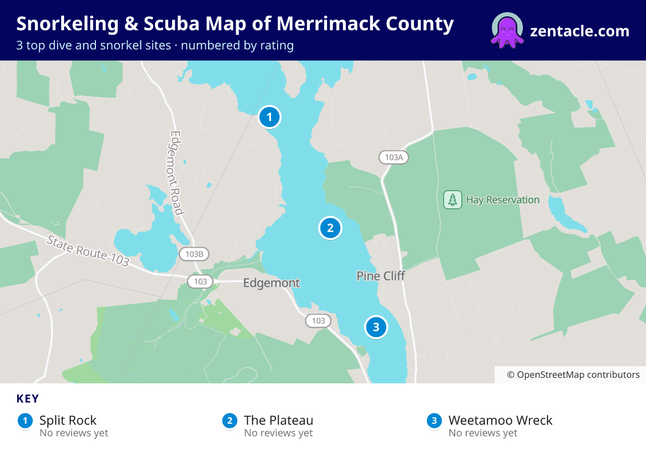 Snorkeling & Scuba Map of Merrimack County: numbered map of the top 3 dive and snorkel sites, with ratings