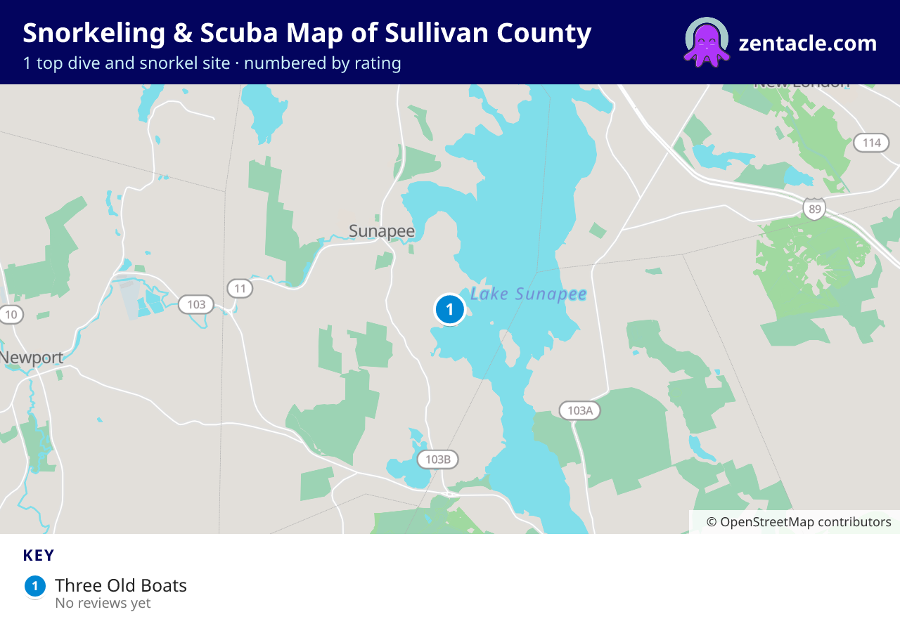 Snorkeling & Scuba Map of Sullivan County: numbered map of the top 1 dive and snorkel sites, with ratings