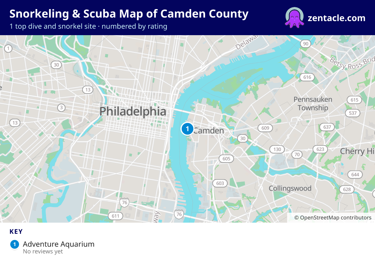 Snorkeling & Scuba Map of Camden County: numbered map of the top 1 dive and snorkel sites, with ratings