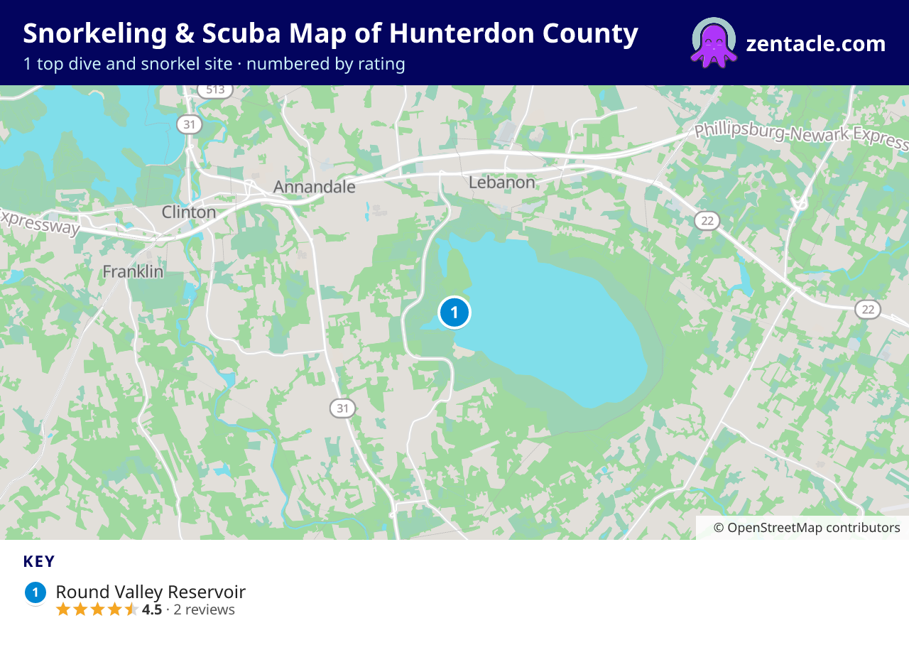 Snorkeling & Scuba Map of Hunterdon County: numbered map of the top 1 dive and snorkel sites, with ratings