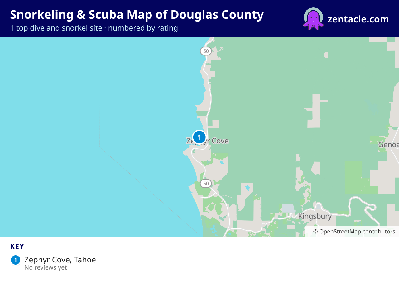 Snorkeling & Scuba Map of Douglas County: numbered map of the top 1 dive and snorkel sites, with ratings