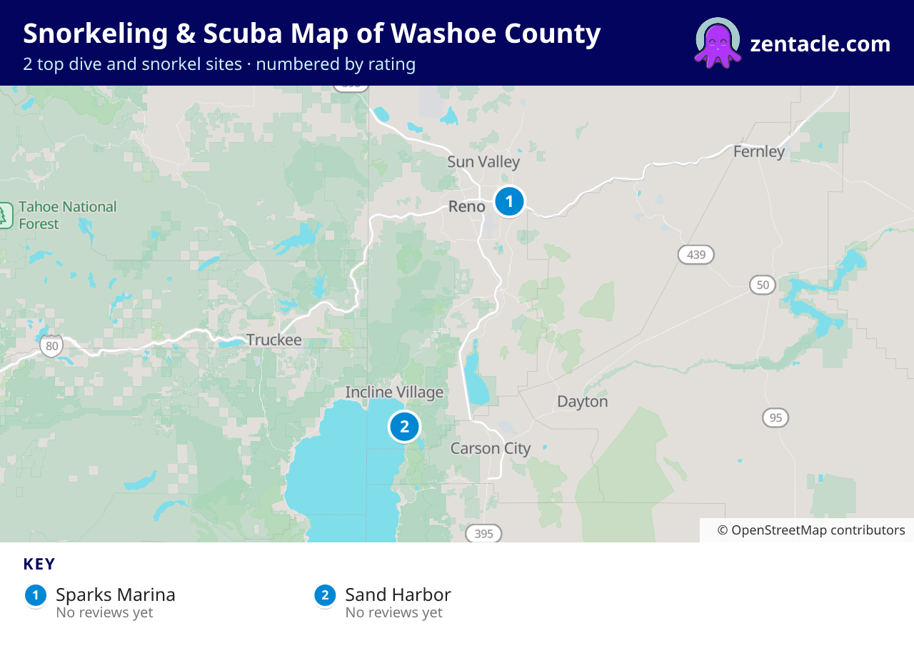 Snorkeling & Scuba Map of Washoe County: numbered map of the top 2 dive and snorkel sites, with ratings