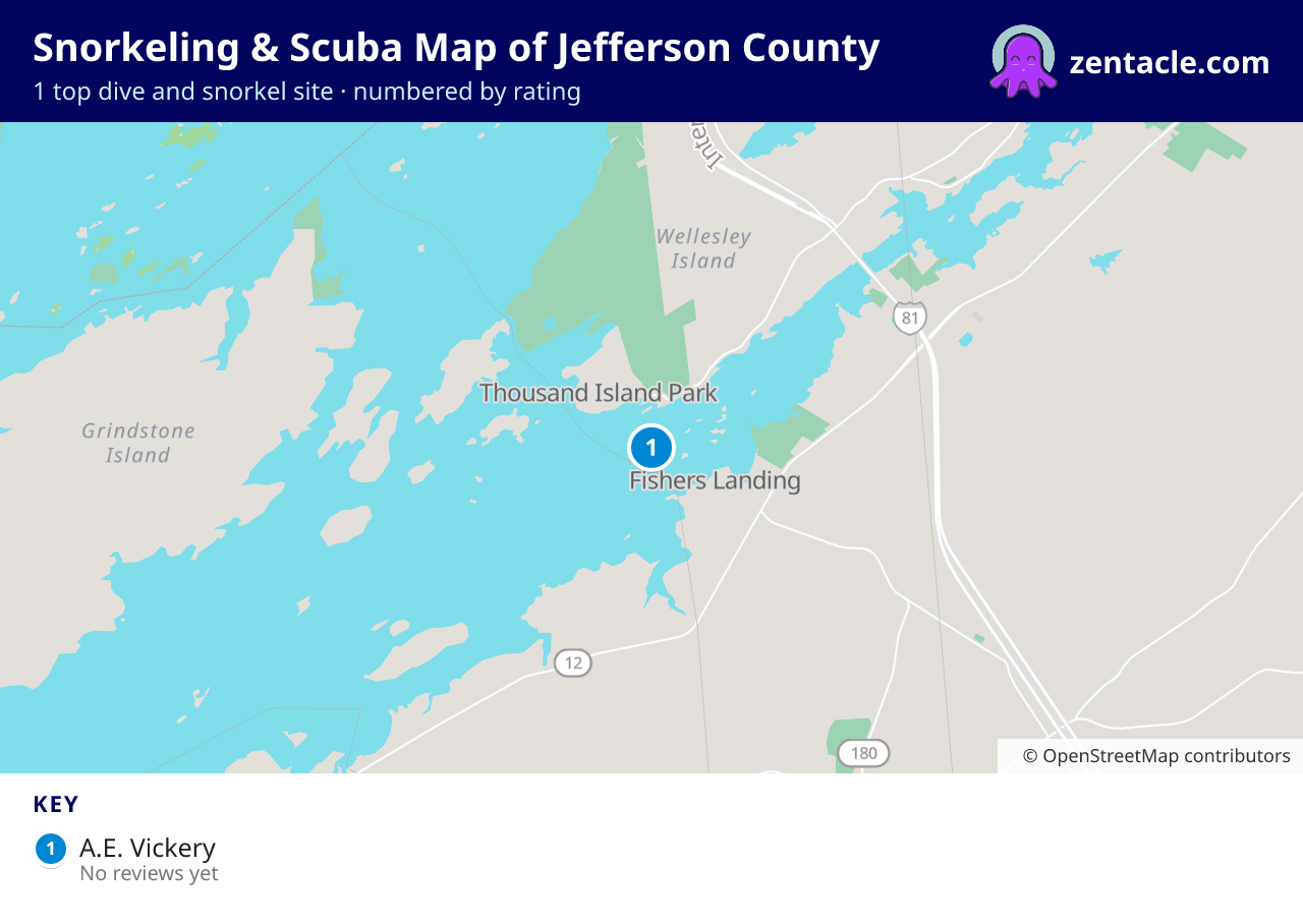 Snorkeling & Scuba Map of Jefferson County: numbered map of the top 1 dive and snorkel sites, with ratings