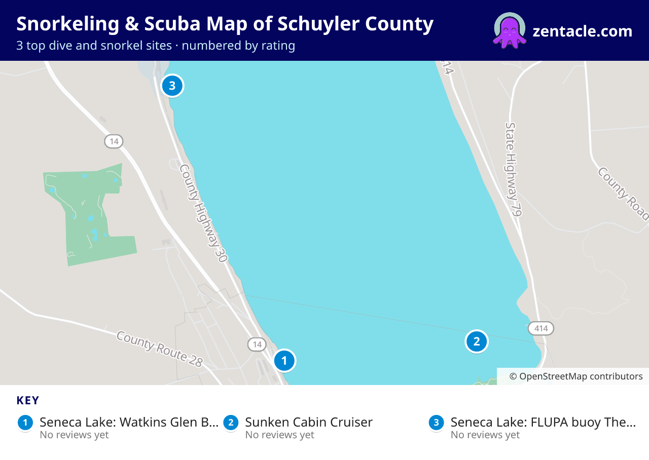 Snorkeling & Scuba Map of Schuyler County: numbered map of the top 3 dive and snorkel sites, with ratings