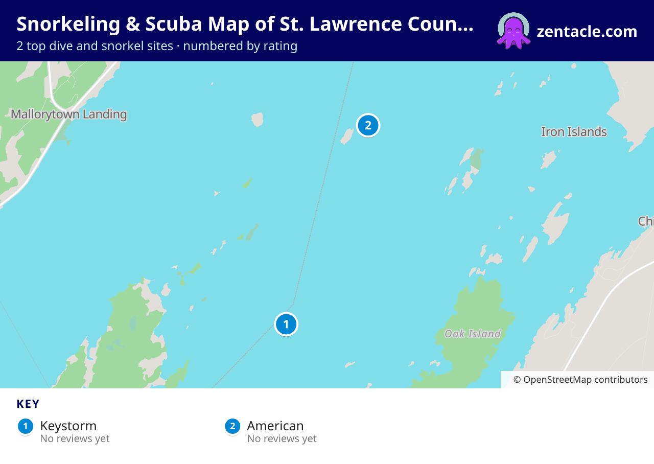 Snorkeling & Scuba Map of St. Lawrence County: numbered map of the top 2 dive and snorkel sites, with ratings