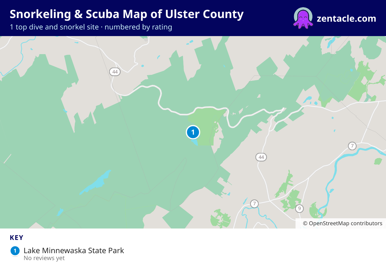 Snorkeling & Scuba Map of Ulster County: numbered map of the top 1 dive and snorkel sites, with ratings