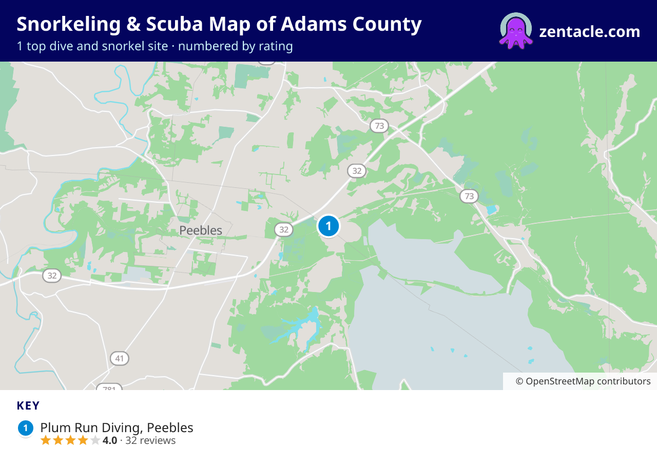 Snorkeling & Scuba Map of Adams County: numbered map of the top 1 dive and snorkel sites, with ratings