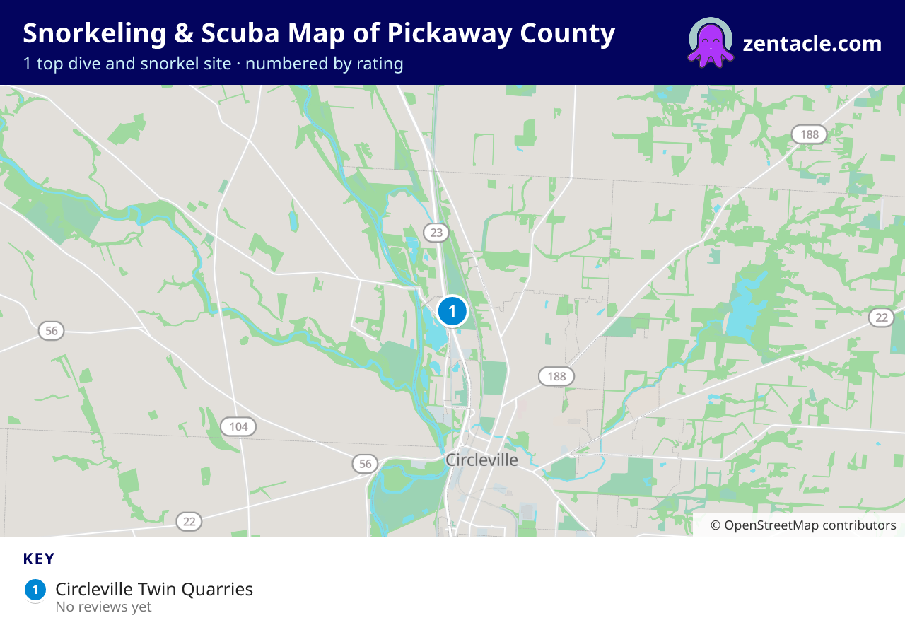 Snorkeling & Scuba Map of Pickaway County: numbered map of the top 1 dive and snorkel sites, with ratings