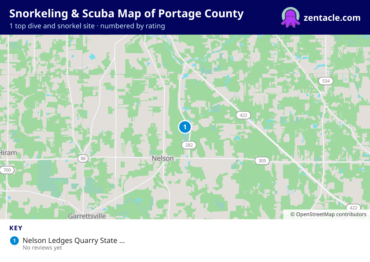 Snorkeling & Scuba Map of Portage County: numbered map of the top 1 dive and snorkel sites, with ratings