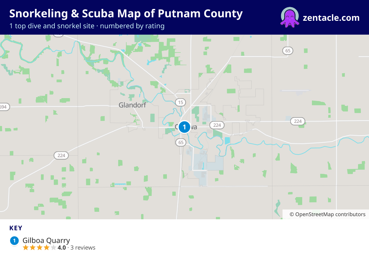 Snorkeling & Scuba Map of Putnam County: numbered map of the top 1 dive and snorkel sites, with ratings