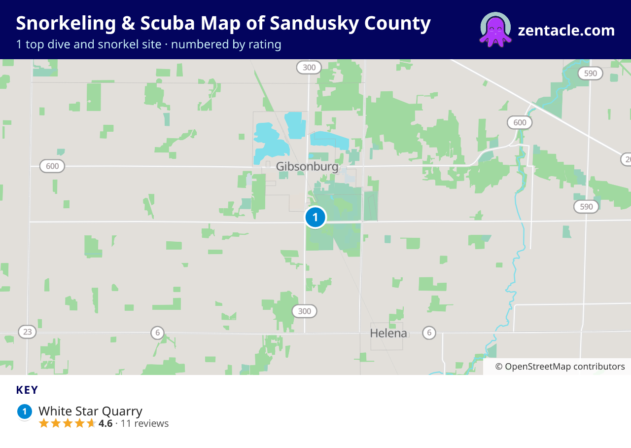 Snorkeling & Scuba Map of Sandusky County: numbered map of the top 1 dive and snorkel sites, with ratings