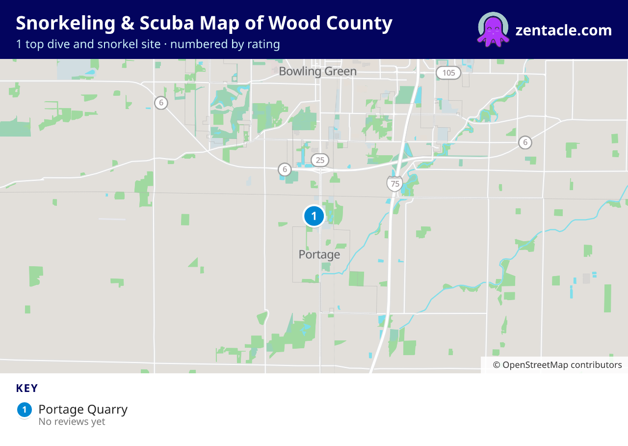 Snorkeling & Scuba Map of Wood County: numbered map of the top 1 dive and snorkel sites, with ratings