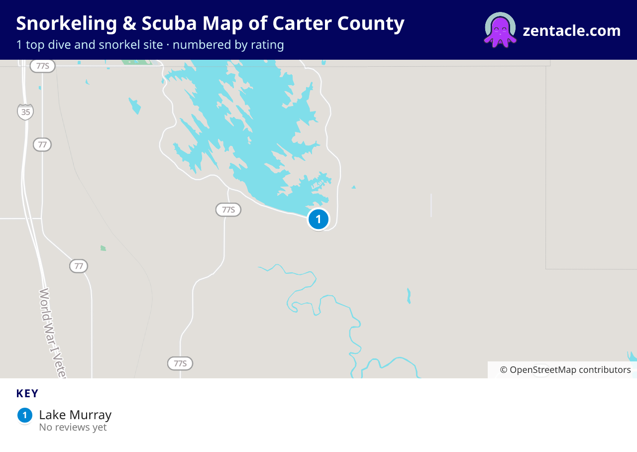 Snorkeling & Scuba Map of Carter County: numbered map of the top 1 dive and snorkel sites, with ratings