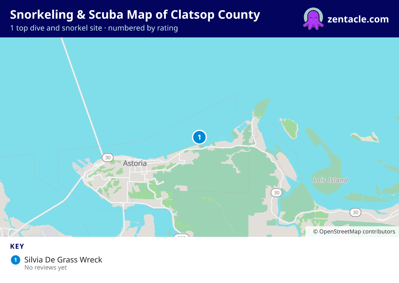 Snorkeling & Scuba Map of Clatsop County: numbered map of the top 1 dive and snorkel sites, with ratings