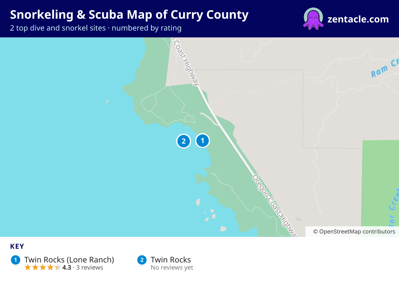 Snorkeling & Scuba Map of Curry County: numbered map of the top 2 dive and snorkel sites, with ratings