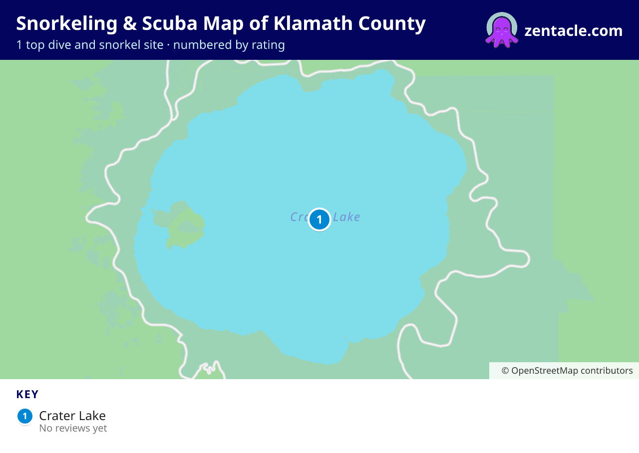 Snorkeling & Scuba Map of Klamath County: numbered map of the top 1 dive and snorkel sites, with ratings