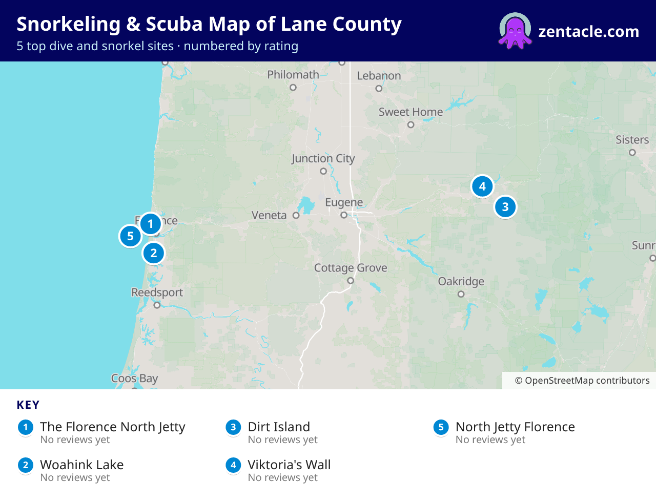 Snorkeling & Scuba Map of Lane County: numbered map of the top 5 dive and snorkel sites, with ratings