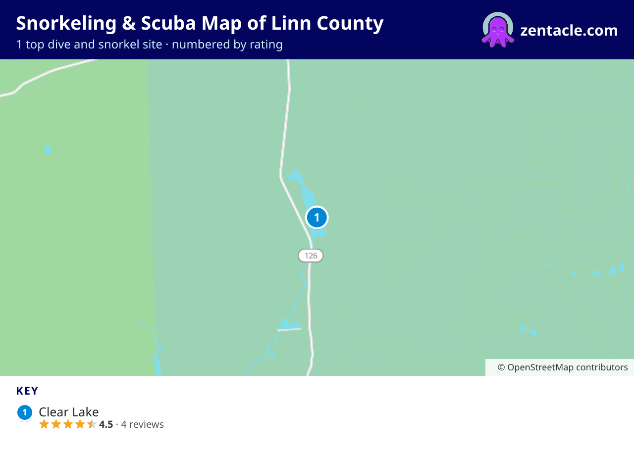 Snorkeling & Scuba Map of Linn County: numbered map of the top 1 dive and snorkel sites, with ratings