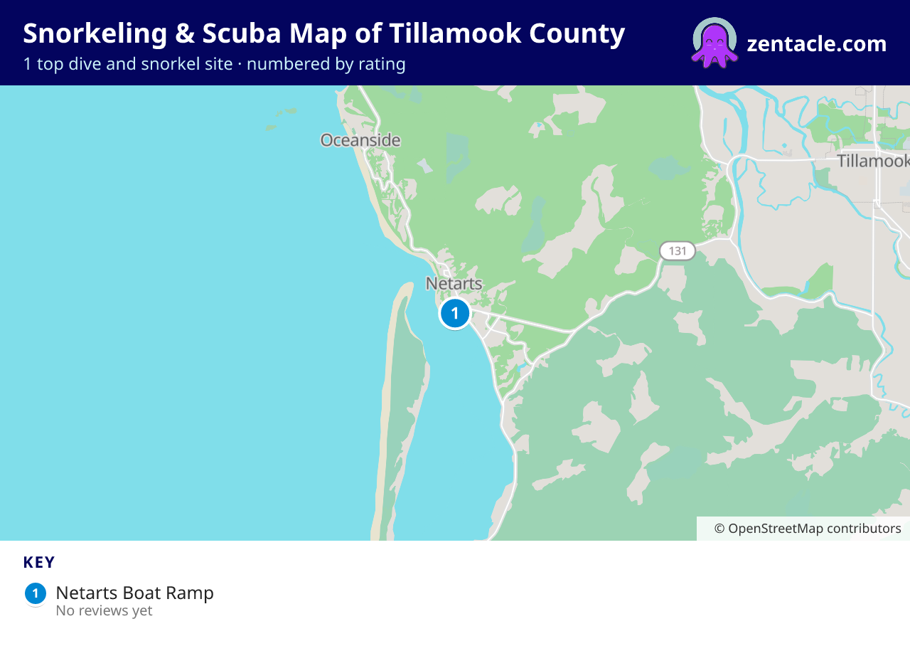 Snorkeling & Scuba Map of Tillamook County: numbered map of the top 1 dive and snorkel sites, with ratings