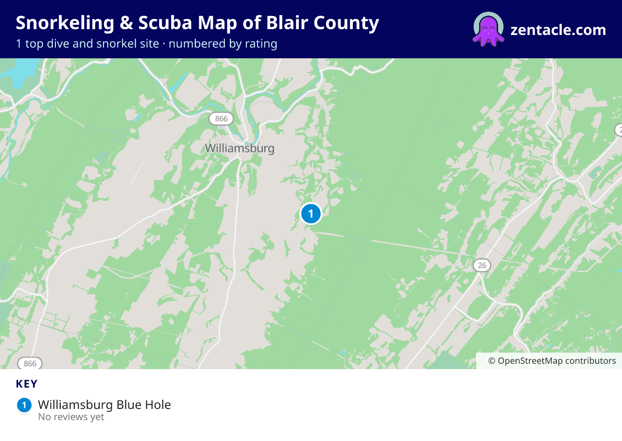 Snorkeling & Scuba Map of Blair County: numbered map of the top 1 dive and snorkel sites, with ratings