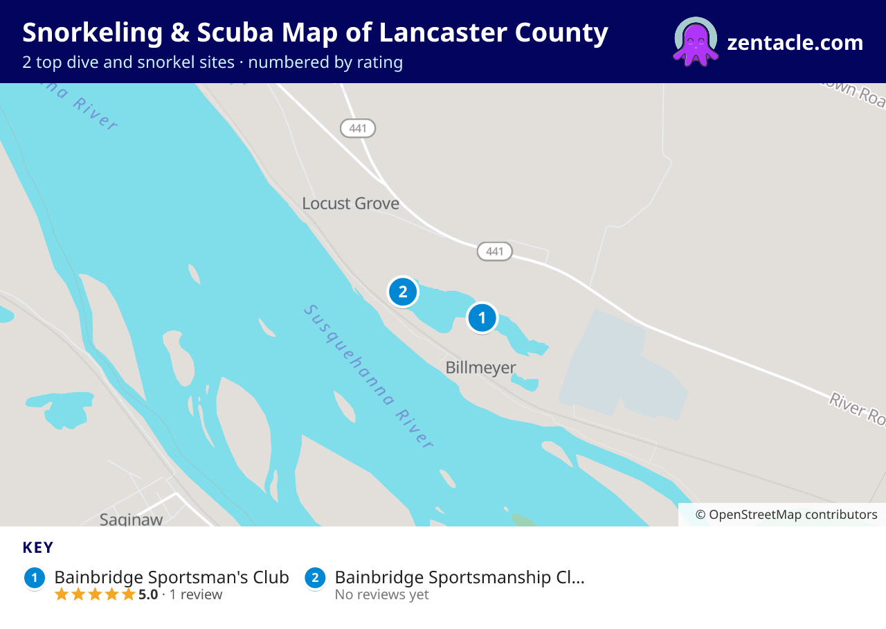 Snorkeling & Scuba Map of Lancaster County: numbered map of the top 2 dive and snorkel sites, with ratings