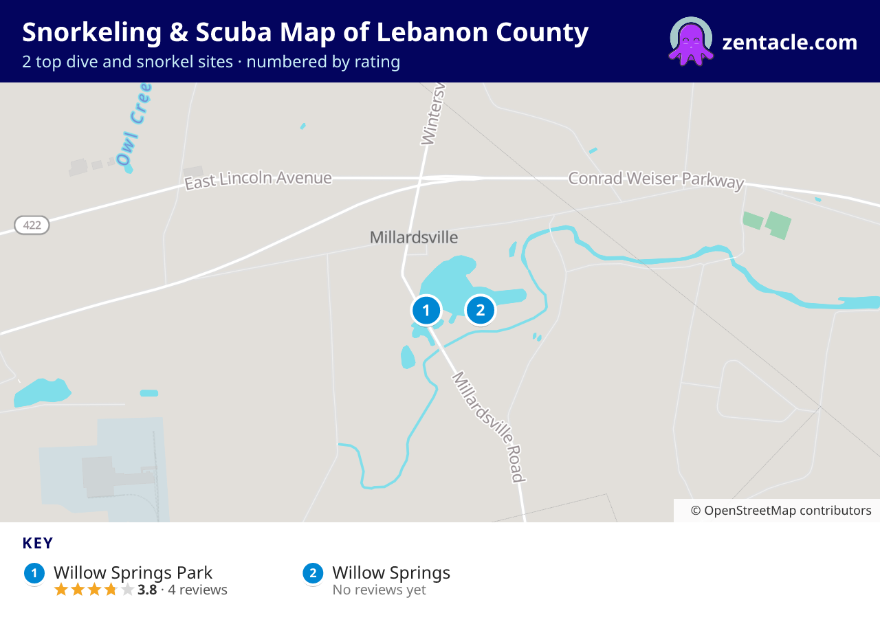 Snorkeling & Scuba Map of Lebanon County: numbered map of the top 2 dive and snorkel sites, with ratings