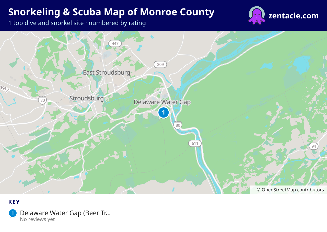 Snorkeling & Scuba Map of Monroe County: numbered map of the top 1 dive and snorkel sites, with ratings