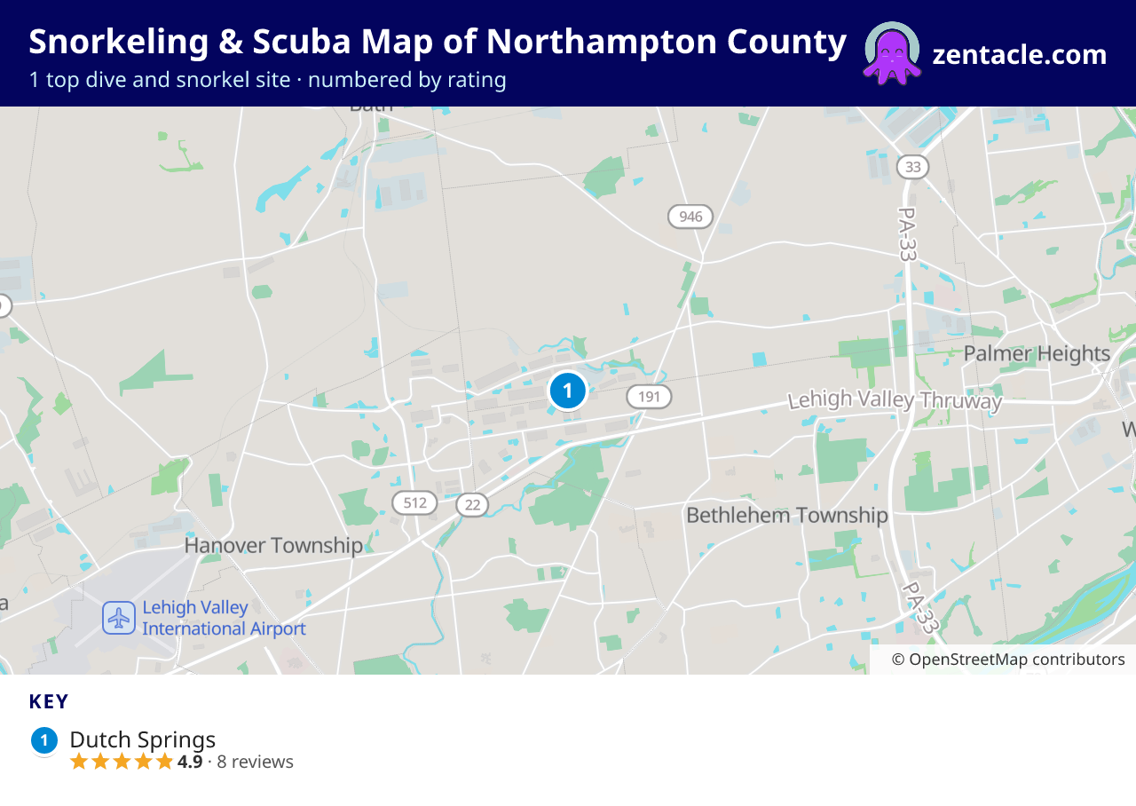 Snorkeling & Scuba Map of Northampton County: numbered map of the top 1 dive and snorkel sites, with ratings