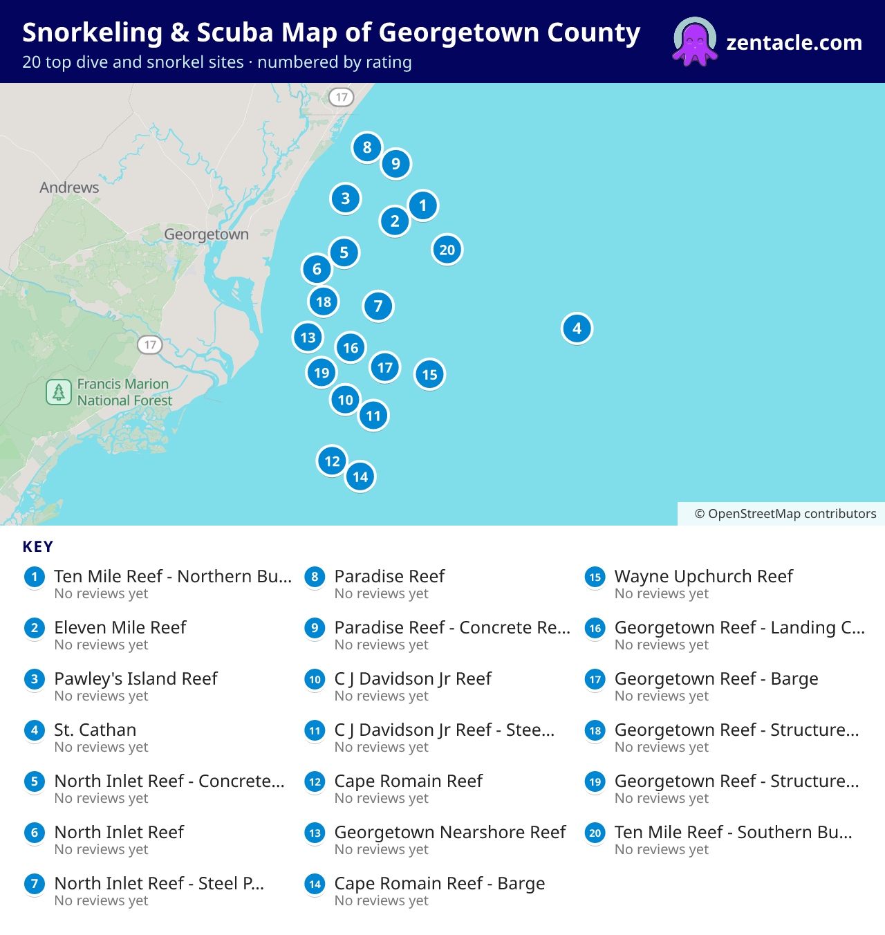 Snorkeling & Scuba Map of Georgetown County: numbered map of the top 20 dive and snorkel sites, with ratings