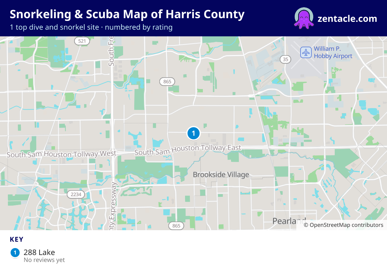 Snorkeling & Scuba Map of Harris County: numbered map of the top 1 dive and snorkel sites, with ratings