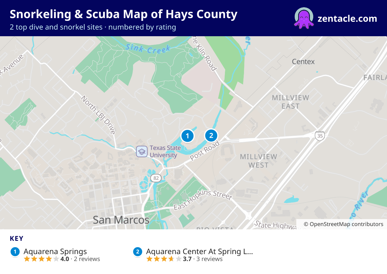 Snorkeling & Scuba Map of Hays County: numbered map of the top 2 dive and snorkel sites, with ratings