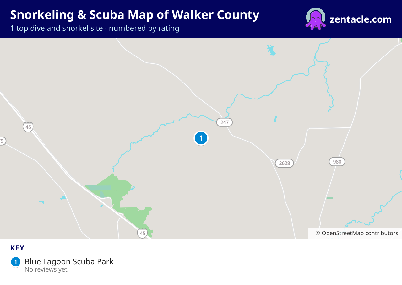 Snorkeling & Scuba Map of Walker County: numbered map of the top 1 dive and snorkel sites, with ratings