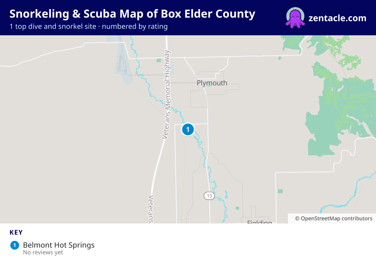 Snorkeling & Scuba Map of Box Elder County: numbered map of the top 1 dive and snorkel sites, with ratings