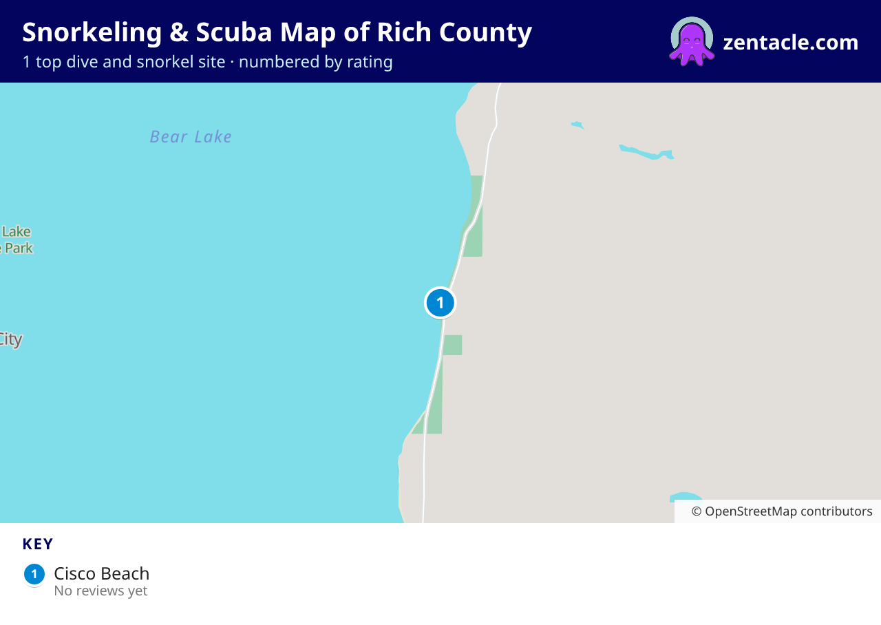 Snorkeling & Scuba Map of Rich County: numbered map of the top 1 dive and snorkel sites, with ratings