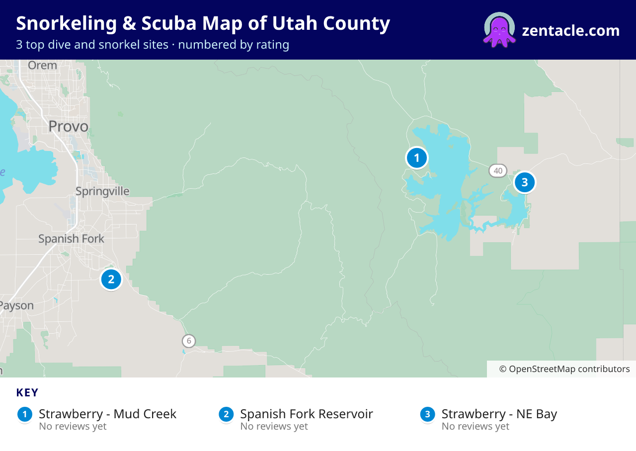 Snorkeling & Scuba Map of Utah County: numbered map of the top 3 dive and snorkel sites, with ratings