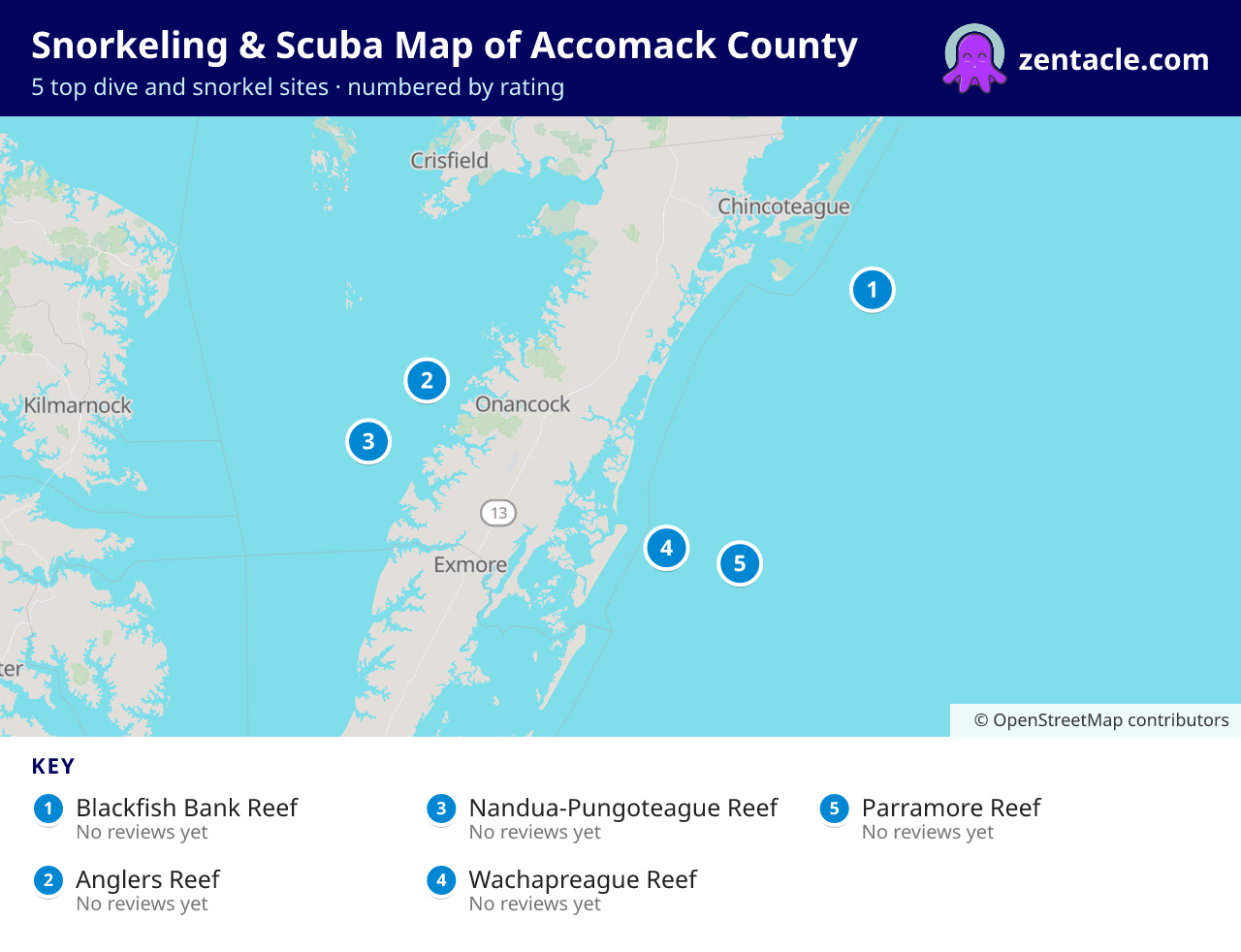 Snorkeling & Scuba Map of Accomack County: numbered map of the top 5 dive and snorkel sites, with ratings
