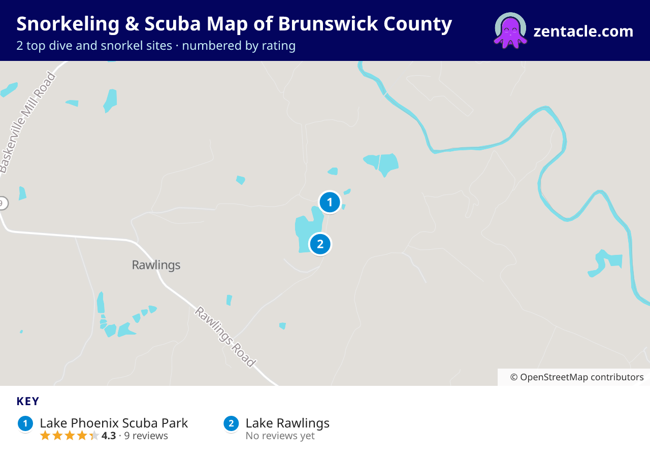 Snorkeling & Scuba Map of Brunswick County: numbered map of the top 2 dive and snorkel sites, with ratings