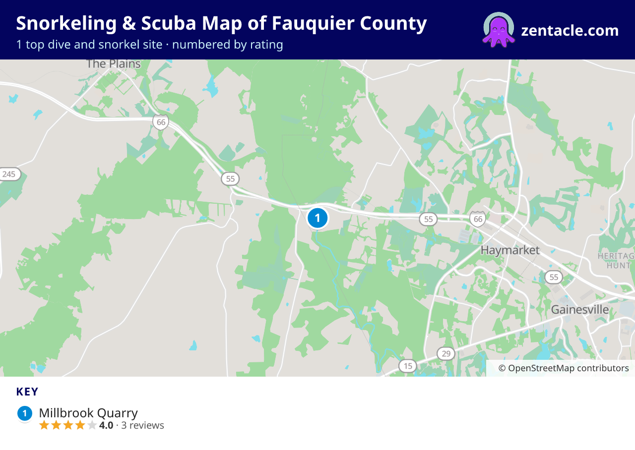 Snorkeling & Scuba Map of Fauquier County: numbered map of the top 1 dive and snorkel sites, with ratings