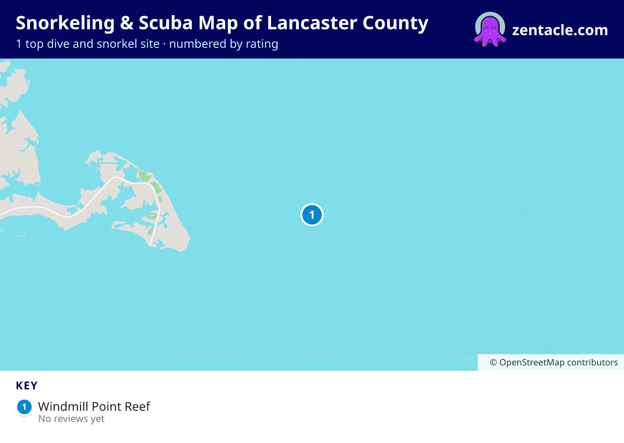 Snorkeling & Scuba Map of Lancaster County: numbered map of the top 1 dive and snorkel sites, with ratings