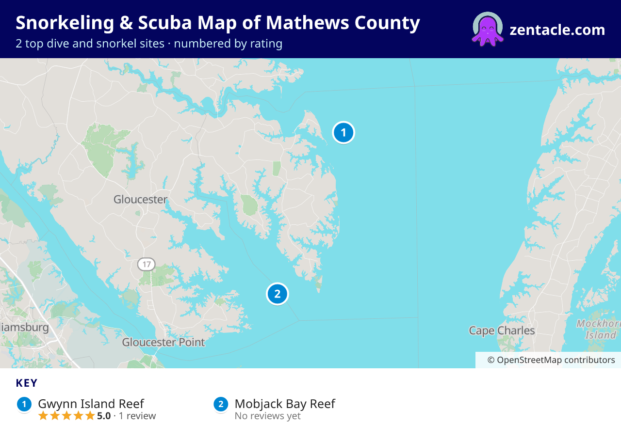 Snorkeling & Scuba Map of Mathews County: numbered map of the top 2 dive and snorkel sites, with ratings