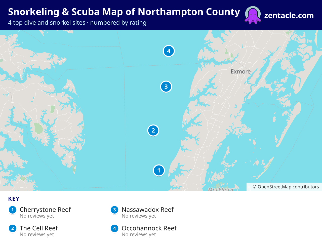 Snorkeling & Scuba Map of Northampton County: numbered map of the top 4 dive and snorkel sites, with ratings