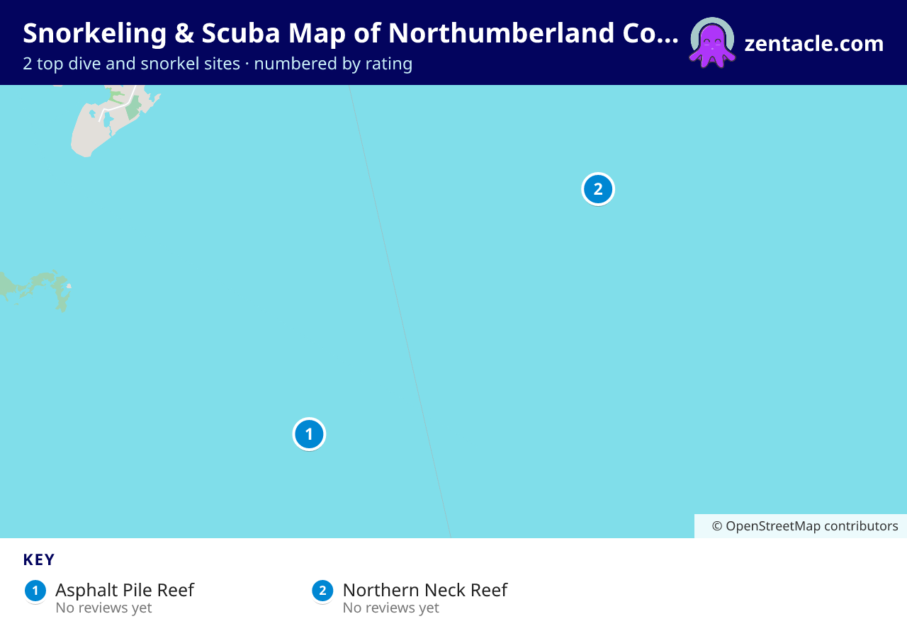 Snorkeling & Scuba Map of Northumberland County: numbered map of the top 2 dive and snorkel sites, with ratings