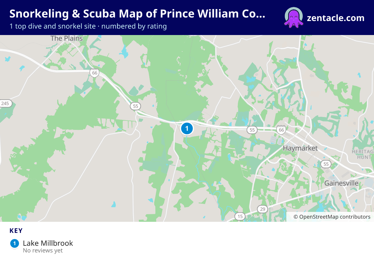 Snorkeling & Scuba Map of Prince William County: numbered map of the top 1 dive and snorkel sites, with ratings