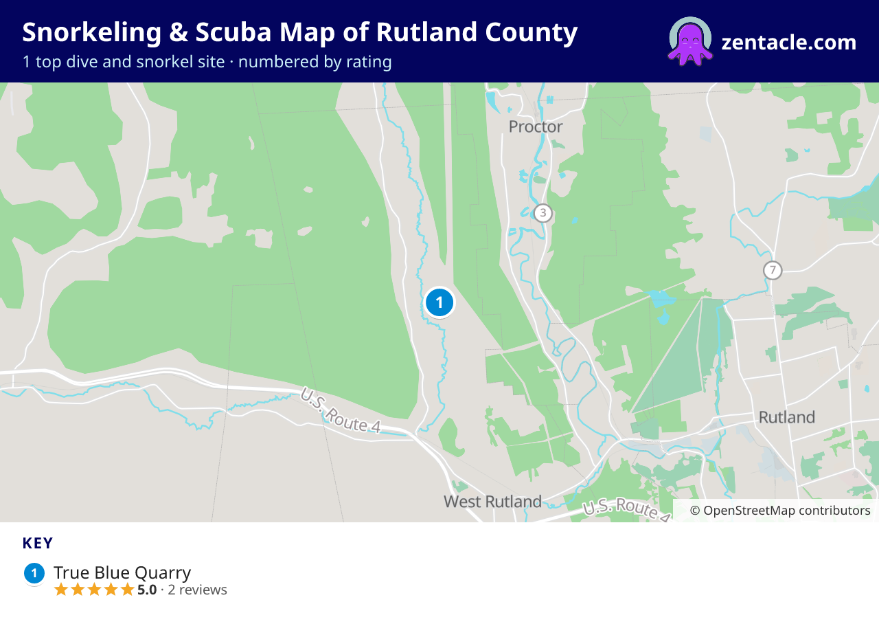 Snorkeling & Scuba Map of Rutland County: numbered map of the top 1 dive and snorkel sites, with ratings