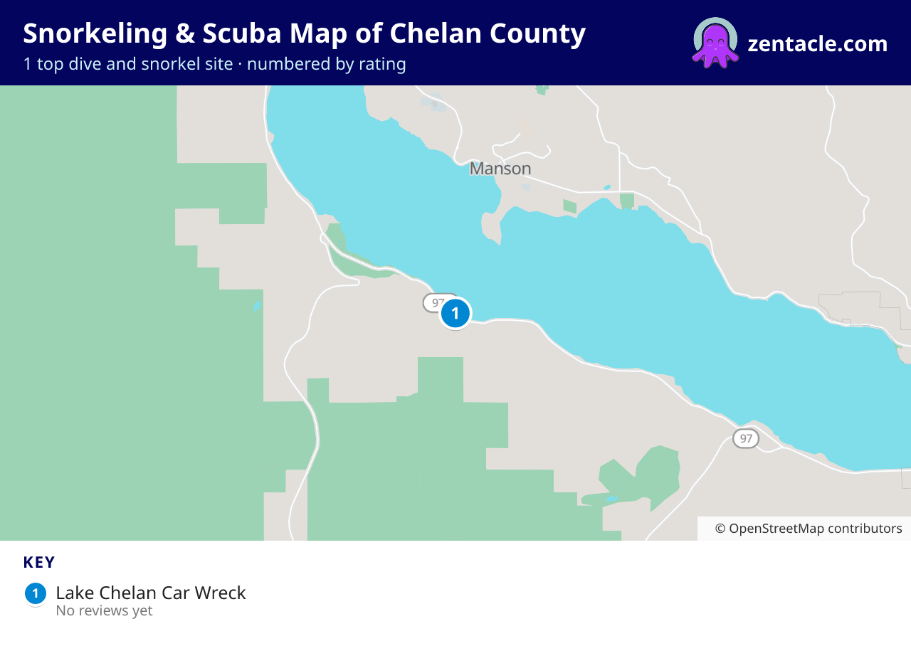 Snorkeling & Scuba Map of Chelan County: numbered map of the top 1 dive and snorkel sites, with ratings